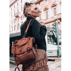 K41 Sac à dos  2 en 1 noir brun cuir vintage pour femme. Sac à dos urbain avec rivets